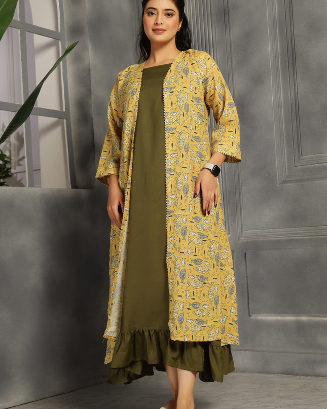 2 piece spaghetti shrug dress in cotton Olive Green and Yellow