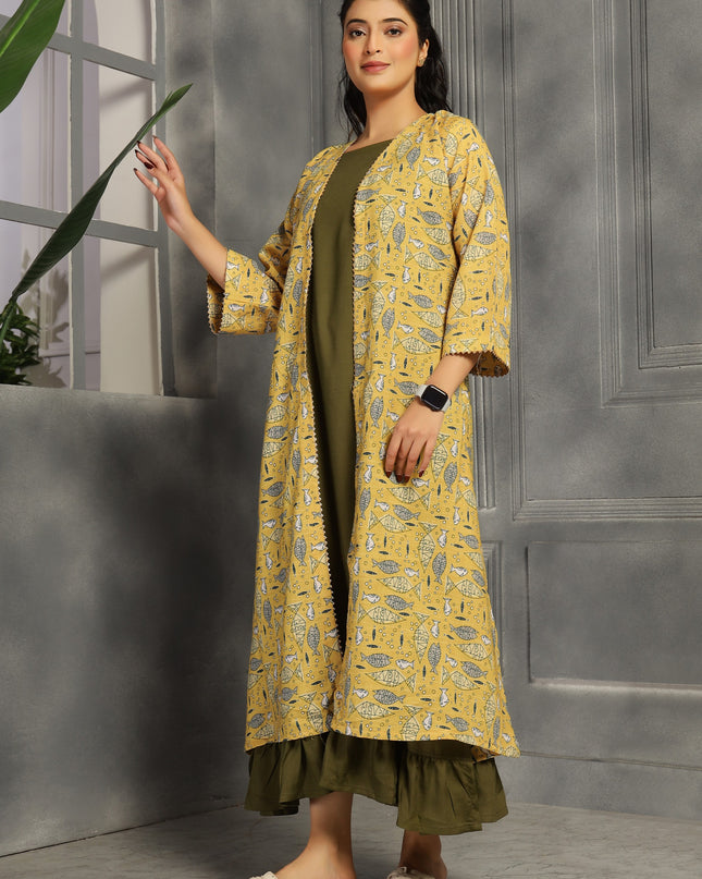 2 piece spaghetti shrug dress in cotton Olive Green and Yellow