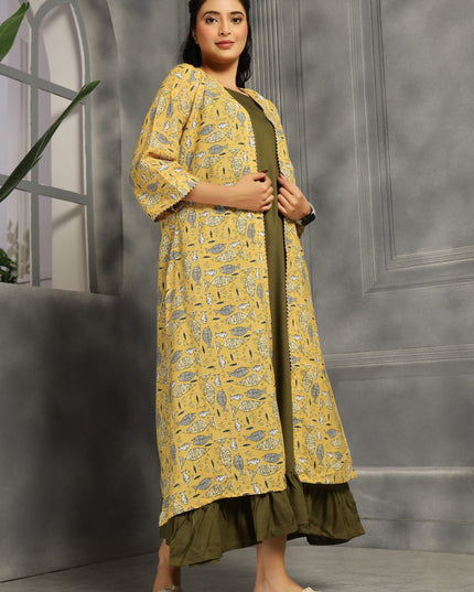 2 piece spaghetti shrug dress in cotton Olive Green and Yellow
