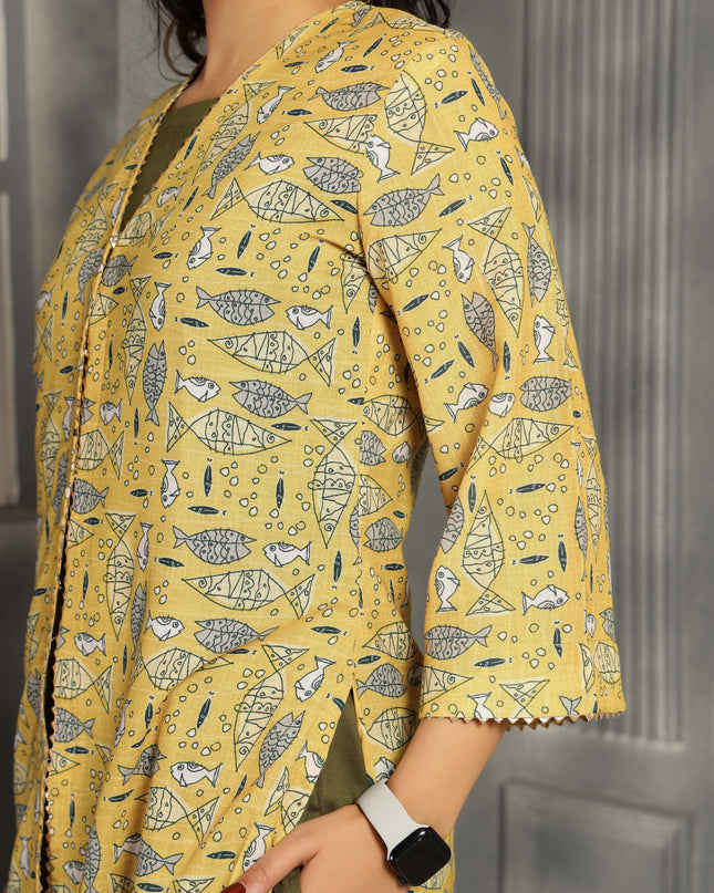 2 piece spaghetti shrug dress in cotton Olive Green and Yellow