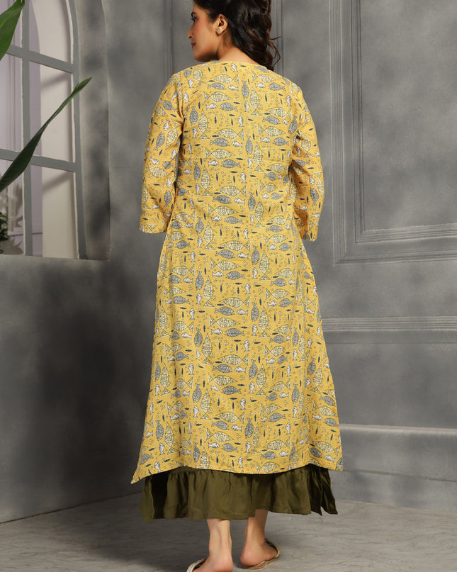 2 piece spaghetti shrug dress in cotton Olive Green and Yellow