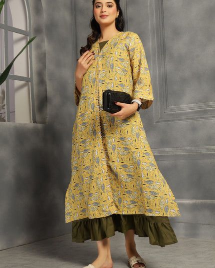 2 piece spaghetti shrug dress in cotton Olive Green and Yellow