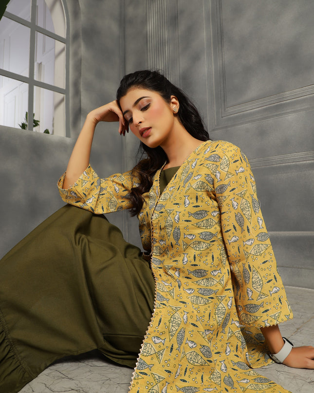 2 piece spaghetti shrug dress in cotton Olive Green and Yellow