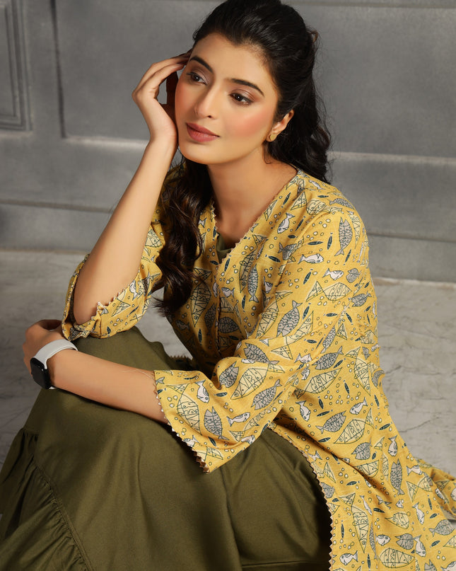 2 piece spaghetti shrug dress in cotton Olive Green and Yellow