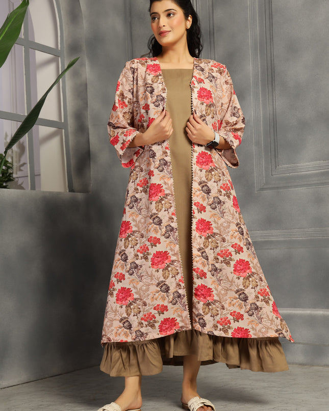2 piece spaghetti shrug dress in cotton Tan color  floral