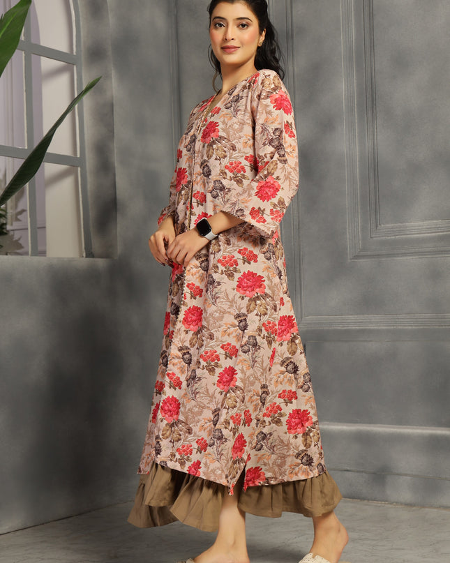 2 piece spaghetti shrug dress in cotton Tan color  floral