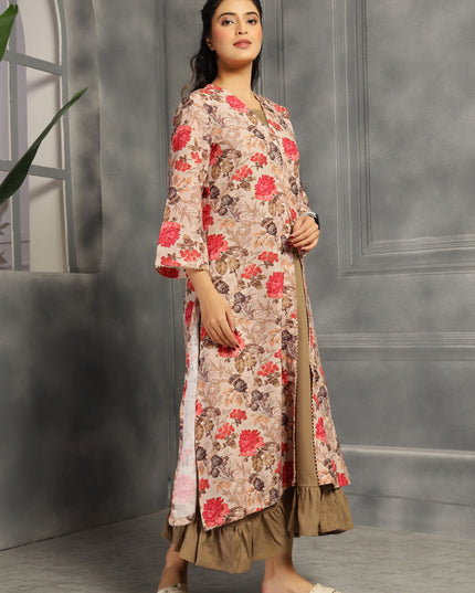 2 piece spaghetti shrug dress in cotton Tan color  floral