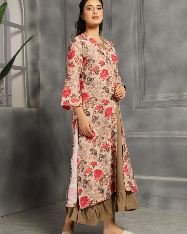 2 piece spaghetti shrug dress in cotton Tan color  floral