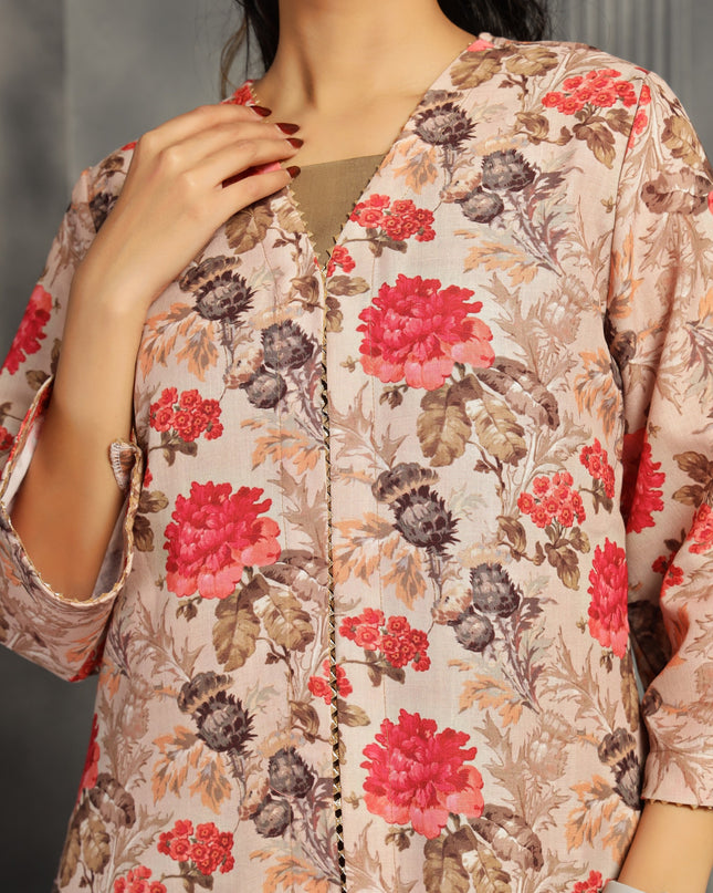 2 piece spaghetti shrug dress in cotton Tan color  floral