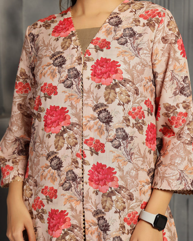 2 piece spaghetti shrug dress in cotton Tan color  floral
