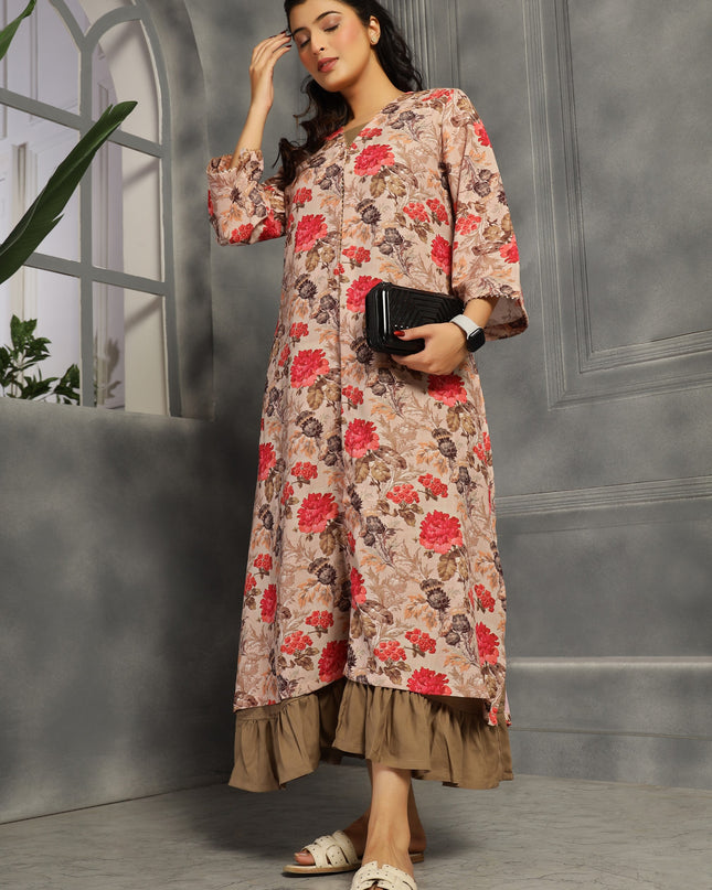 2 piece spaghetti shrug dress in cotton Tan color  floral