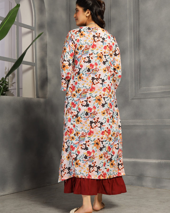 Floral spaghetti and shrug dress in cotton Burgundy / Maroon