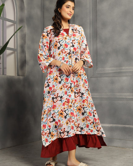 Floral spaghetti and shrug dress in cotton Burgundy / Maroon