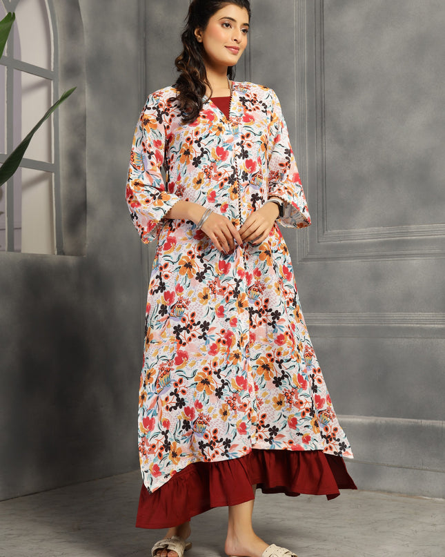 Floral spaghetti and shrug dress in cotton Burgundy / Maroon