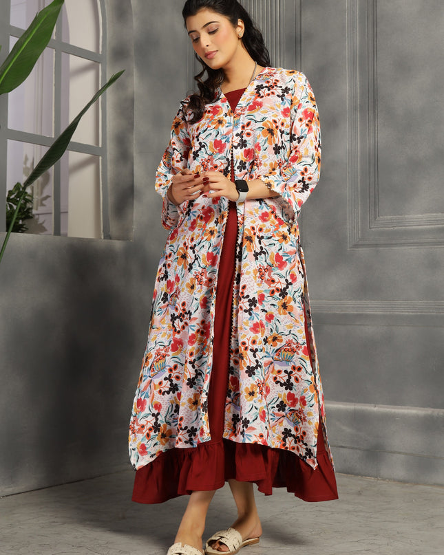 Floral spaghetti and shrug dress in cotton Burgundy / Maroon