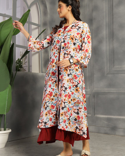 Floral spaghetti and shrug dress in cotton Burgundy / Maroon