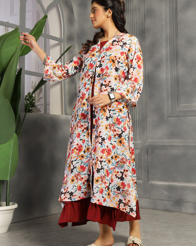 Floral spaghetti and shrug dress in cotton Burgundy / Maroon