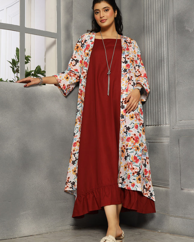 Floral spaghetti and shrug dress in cotton Burgundy / Maroon
