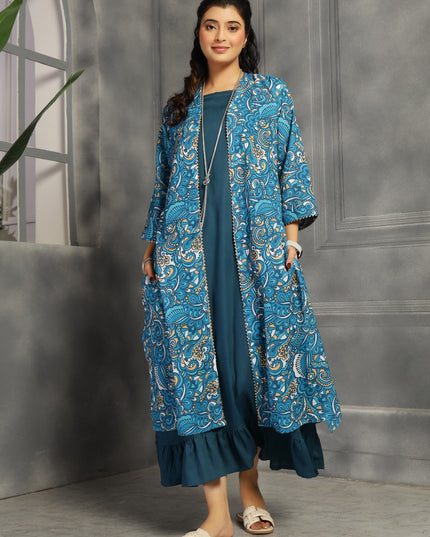Shrug dress with spaghetti inner in cotton Blue