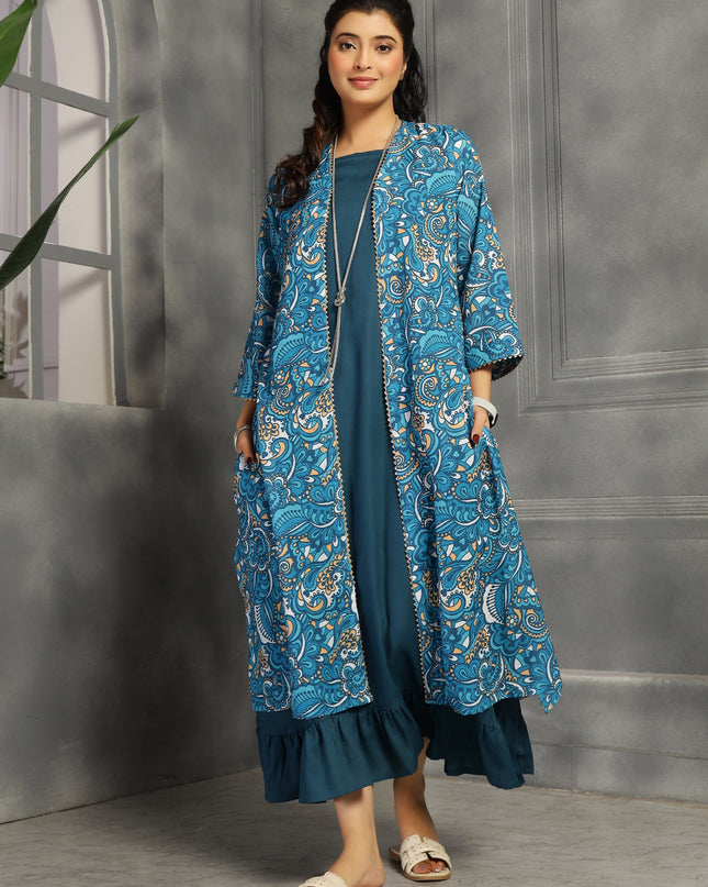 Shrug dress with spaghetti inner in cotton Blue