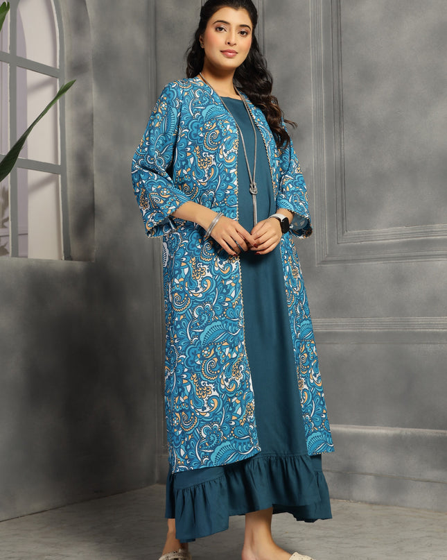 Shrug dress with spaghetti inner in cotton Blue