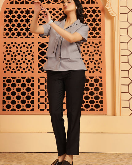 Grey Jacket-Style Shirt Top