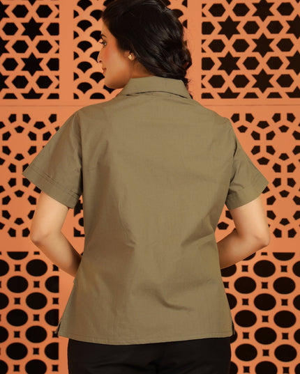 Olive Green Jacket-Style Shirt Top
