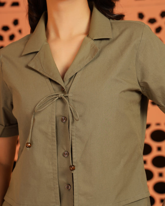 Olive Green Jacket-Style Shirt Top