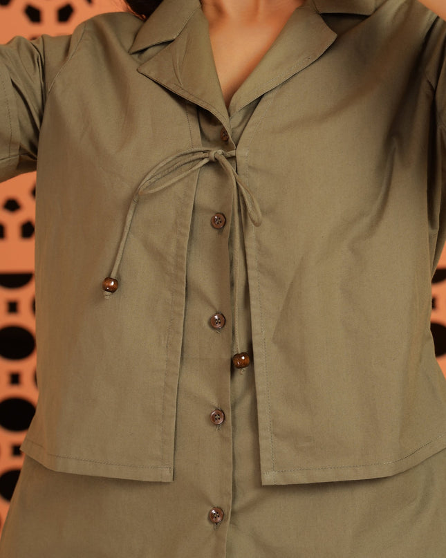 Olive Green Jacket-Style Shirt Top