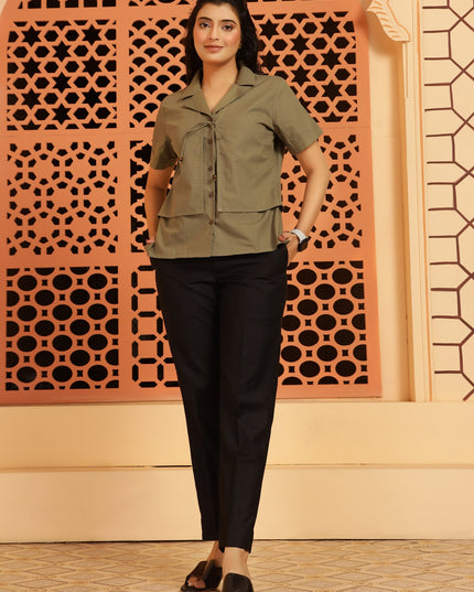 Olive Green Jacket-Style Shirt Top