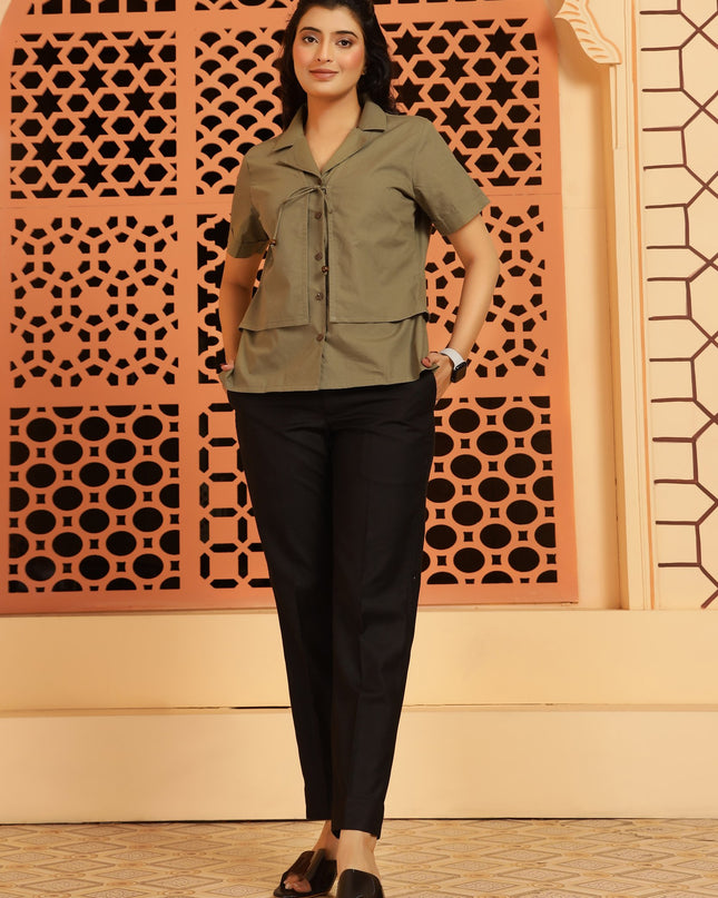 Olive Green Jacket-Style Shirt Top