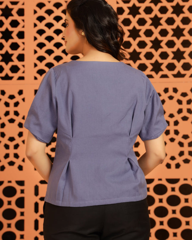 Steel Blue Fitted Pleated Top