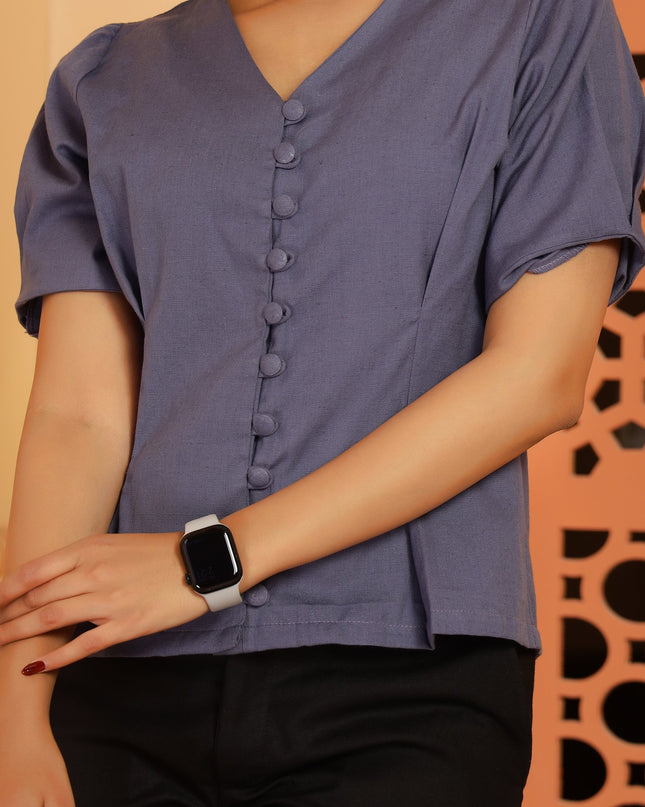 Steel Blue Fitted Pleated Top