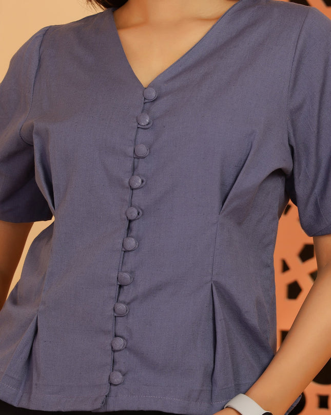 Steel Blue Fitted Pleated Top