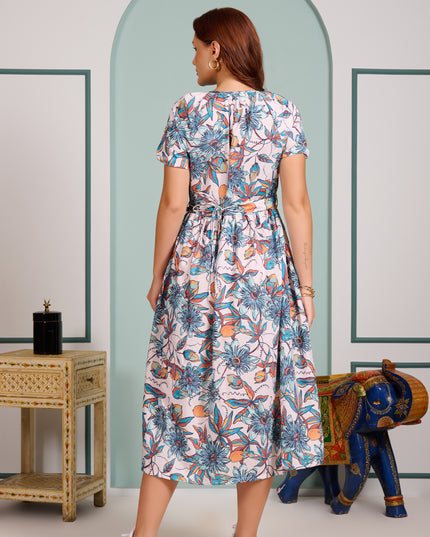 Blue Floral Dress in Cotton Blend fabric