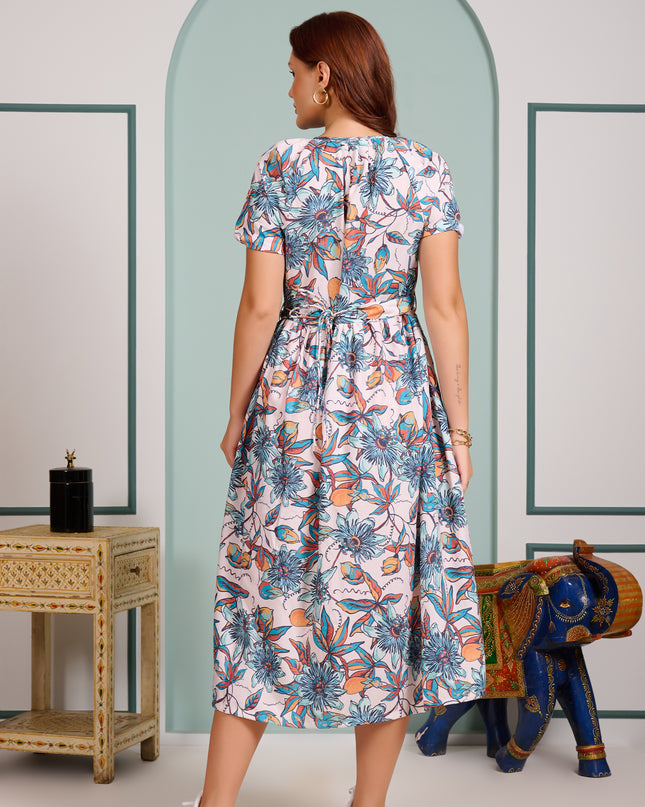 Blue Floral Dress in Cotton Blend fabric