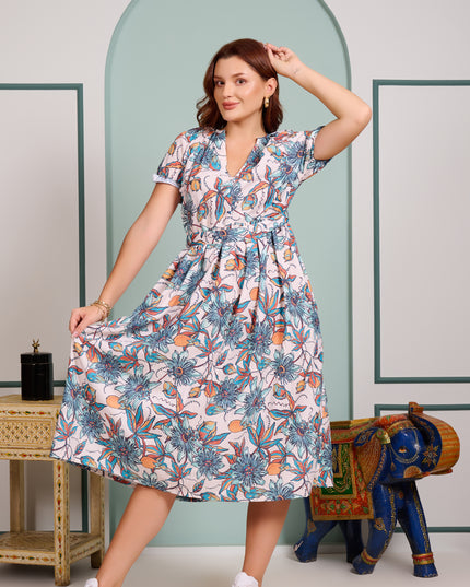 Blue Floral Dress in Cotton Blend fabric