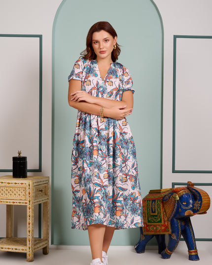 Blue Floral Dress in Cotton Blend fabric