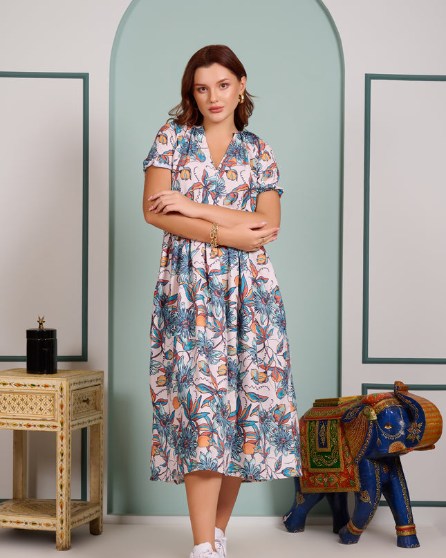 Blue Floral Dress in Cotton Blend fabric