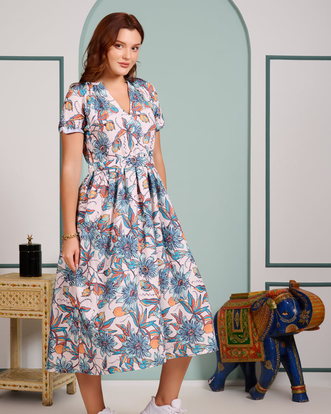 Blue Floral Dress in Cotton Blend fabric