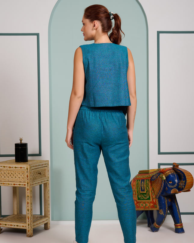 Teal Blue 3 piece cord set Pant with Vest and inner top
