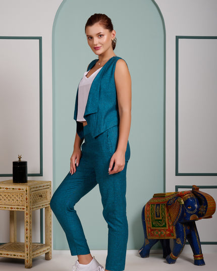 Teal Blue 3 piece cord set Pant with Vest and inner top
