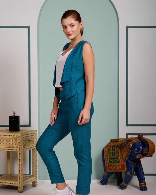 Teal Blue 3 piece cord set Pant with Vest and inner top