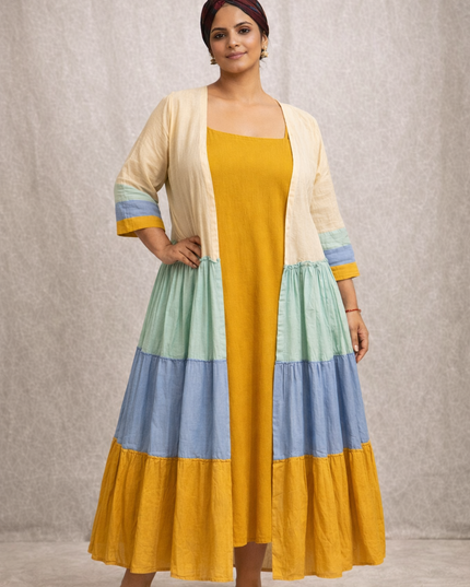 Mustard Cotton Dress with Color Block Tiered Shrug – 2 Piece Layered Outfit