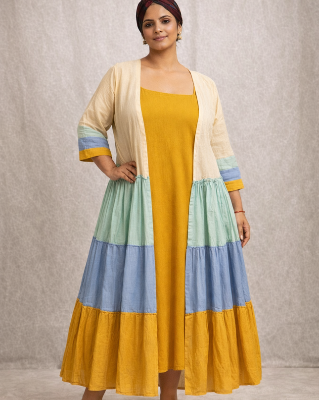 Mustard Cotton Dress with Color Block Tiered Shrug – 2 Piece Layered Outfit