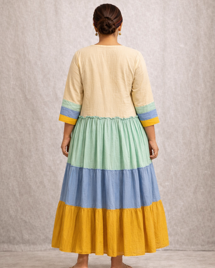 Mustard Cotton Dress with Color Block Tiered Shrug – 2 Piece Layered Outfit