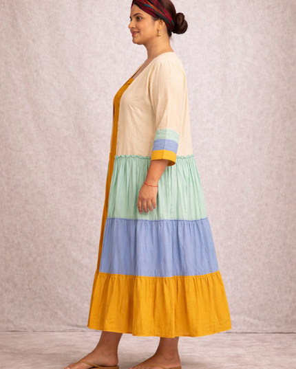 Mustard Cotton Dress with Color Block Tiered Shrug – 2 Piece Layered Outfit