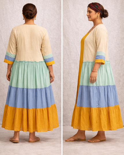 Mustard Cotton Dress with Color Block Tiered Shrug – 2 Piece Layered Outfit