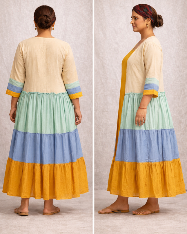 Mustard Cotton Dress with Color Block Tiered Shrug – 2 Piece Layered Outfit