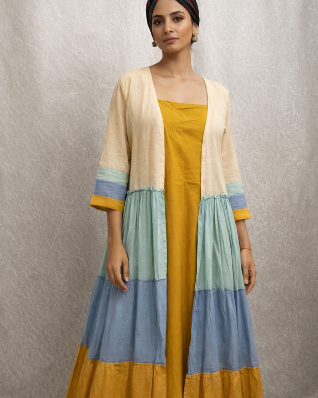 Mustard Cotton Dress with Color Block Tiered Shrug – 2 Piece Layered Outfit